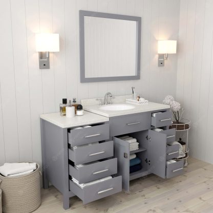 Caroline Parkway 57" Single Bath Vanity in Gray with Dazzle White Quartz Top and Round Sink with Polished Chrome Faucet with Matching Mirror