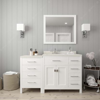 Caroline Parkway 57" Single Bath Vanity in White with Dazzle White Quartz Top and Round Sink with Polished Chrome Faucet with Matching Mirror