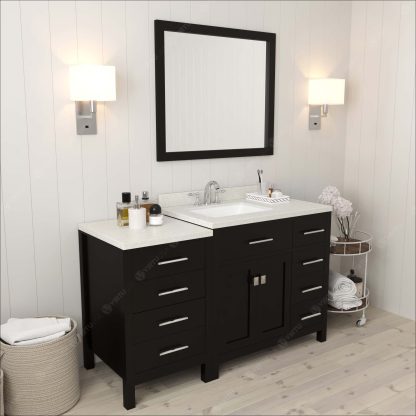 Caroline Parkway 57" Single Bath Vanity in Espresso with Dazzle White Quartz Top and Square Sink with Brushed Nickel Faucet with Matching Mirror