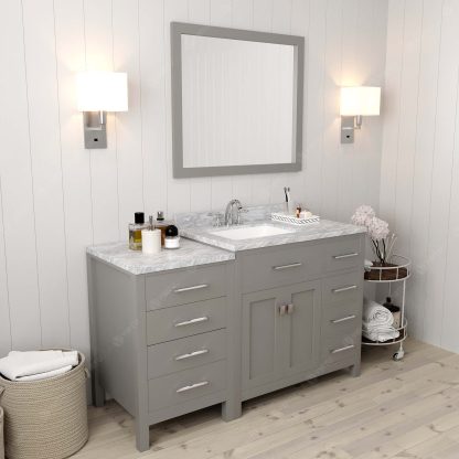 Caroline Parkway 57" Single Bath Vanity in Cashmere Gray with White Marble Top and Square Sink with Brushed Nickel Faucet with Matching Mirror