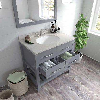 Caroline Estate 36" Single Bath Vanity in Gray with Dazzle White Quartz Top and Round Sink with Brushed Nickel Faucet with Matching Mirror
