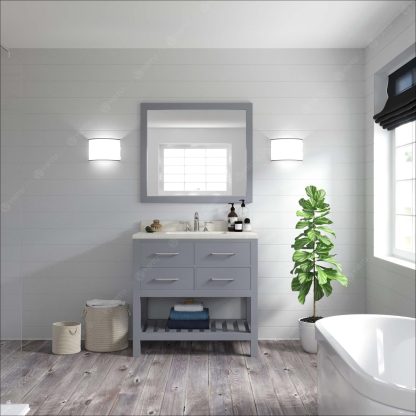 Caroline Estate 36" Single Bath Vanity in Gray with Dazzle White Quartz Top and Square Sink with Brushed Nickel Faucet with Matching Mirror