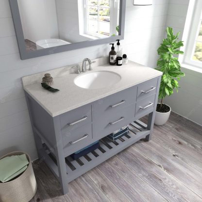 Caroline Estate 48" Single Bath Vanity in Gray with Dazzle White Quartz Top and Round Sink with Brushed Nickel Faucet with Matching Mirror
