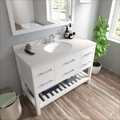 Caroline Estate 48" Single Bath Vanity in White with Dazzle White Quartz Top and Round Sink with Brushed Nickel Faucet with Matching Mirror