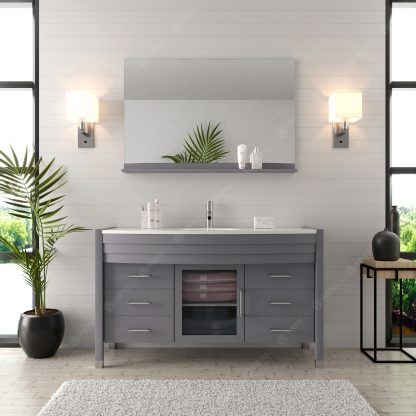 Ava 55" Single Bath Vanity in Gray with White Engineered Stone Top and Round Sink with Brushed Nickel Faucet with Matching Mirror