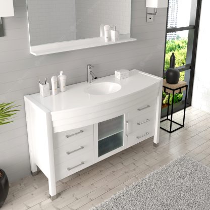 Ava 55" Single Bath Vanity in White with White Engineered Stone Top and Round Sink with Brushed Nickel Faucet with Matching Mirror