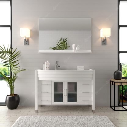 Ava 48" Single Bath Vanity in White with White Engineered Stone Top and Round Sink with Brushed Nickel Faucet with Matching Mirror
