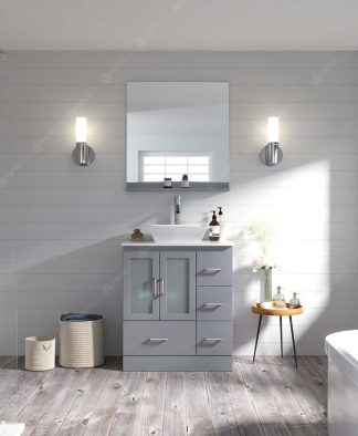 Zola 30" Single Bath Vanity in Gray with White Engineered Stone Top and Square Sink with Brushed Nickel Faucet with Matching Mirror