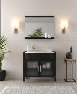 Ava 36" Single Bath Vanity in Espresso with White Engineered Stone Top and Round Sink with Matching Mirror