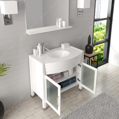 Ava 36" Single Bath Vanity in White with White Engineered Stone Top and Round Sink with Matching Mirror