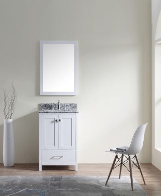 Caroline Madison 24" Single Bath Vanity in White with White Granite Top and Round Sink with Matching Mirror - GS-28024-AWRO-WH