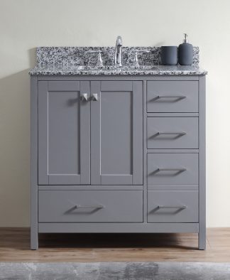 Caroline Madison 36" Single Bath Vanity in Cashmere Gray with White Granite Top and Square Sink - GS-28036-AWSQ-CG-NM
