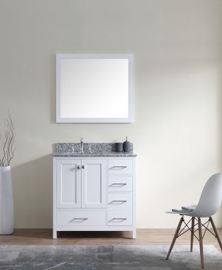 Caroline Madison 36" Single Bath Vanity in White with White Granite Top and Round Sink with Matching Mirror - GS-28036R-AWRO-WH