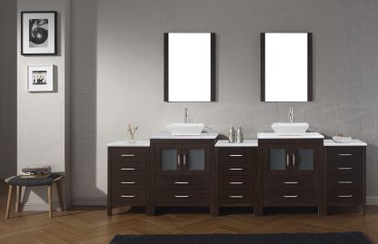 Dior 110" Double Bath Vanity in Espresso with White Marble Top and Square Sinks with Brushed Nickel Faucets with Matching Mirror - KD-700110-WM-ES-001