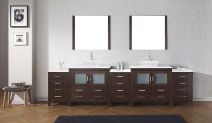 Dior 118" Double Bath Vanity in Espresso with White Engineered Stone Top and Square Sinks with Polished Chrome Faucets with Matching Mirror - KD-700118-S-ES