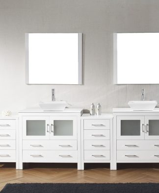 Dior 118" Double Bath Vanity in White with White Engineered Stone Top and Square Sinks with Brushed Nickel Faucets with Matching Mirror - KD-700118-S-WH-001