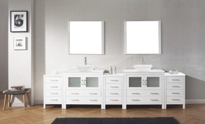 Dior 118" Double Bath Vanity in White with White Engineered Stone Top and Square Sinks with Brushed Nickel Faucets with Matching Mirror - KD-700118-S-WH-001