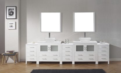 Dior 118" Double Bath Vanity in White with White Marble Top and Square Sinks with Polished Chrome Faucets with Matching Mirror - KD-700118-WM-WH