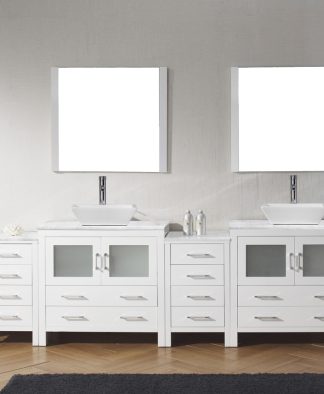 Dior 126" Double Bath Vanity in White with White Marble Top and Square Sinks with Polished Chrome Faucets with Matching Mirror - KD-700126-WM-WH