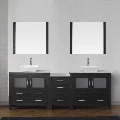 Dior 90" Double Bath Vanity in Zebra Gray with White Marble Top and Square Sinks with Polished Chrome Faucets with Matching Mirror - KD-70090-WM-ZG