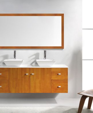 Clarissa 61" Double Bath Vanity in Honey Oak with White Engineered Stone Top and Square Sinks with Brushed Nickel Faucets with Matching Mirror - MD-457-S-HO-001